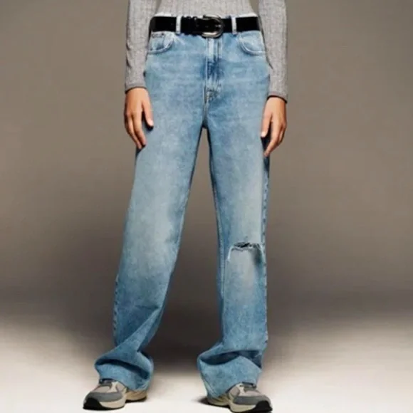 ZARA High-Rise Wide-Leg Jeans Vintage Wash Distressed Raw Hem Size 6 - Picture 11 of 11